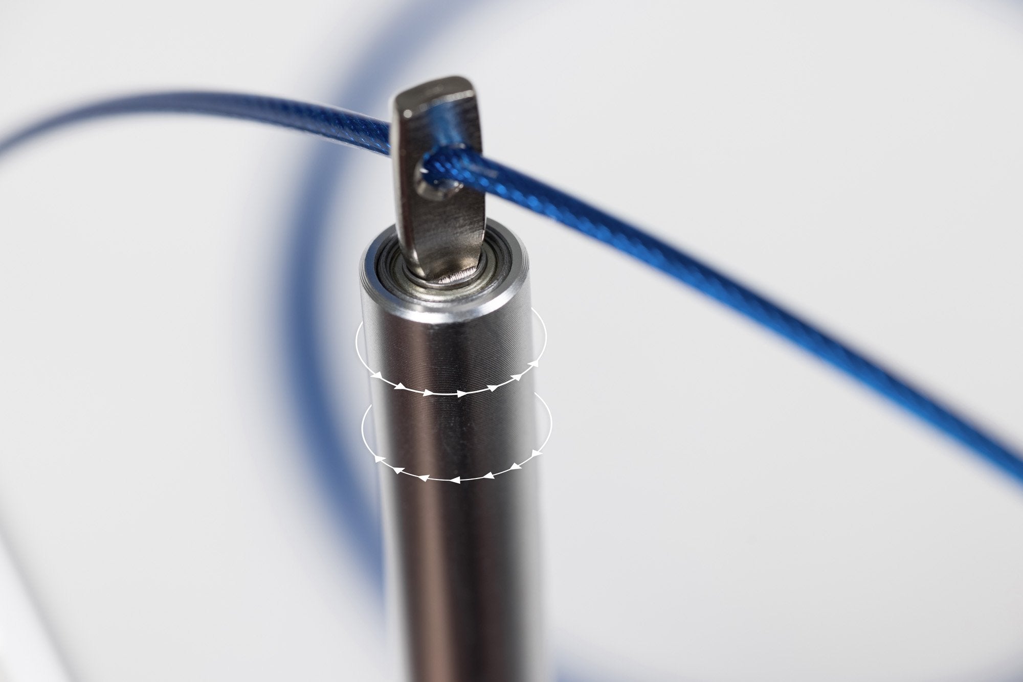 Competition Speed Rope Close Up of Ball Bearing Handle and Rubber-Coated Galvanized Steel Strand.